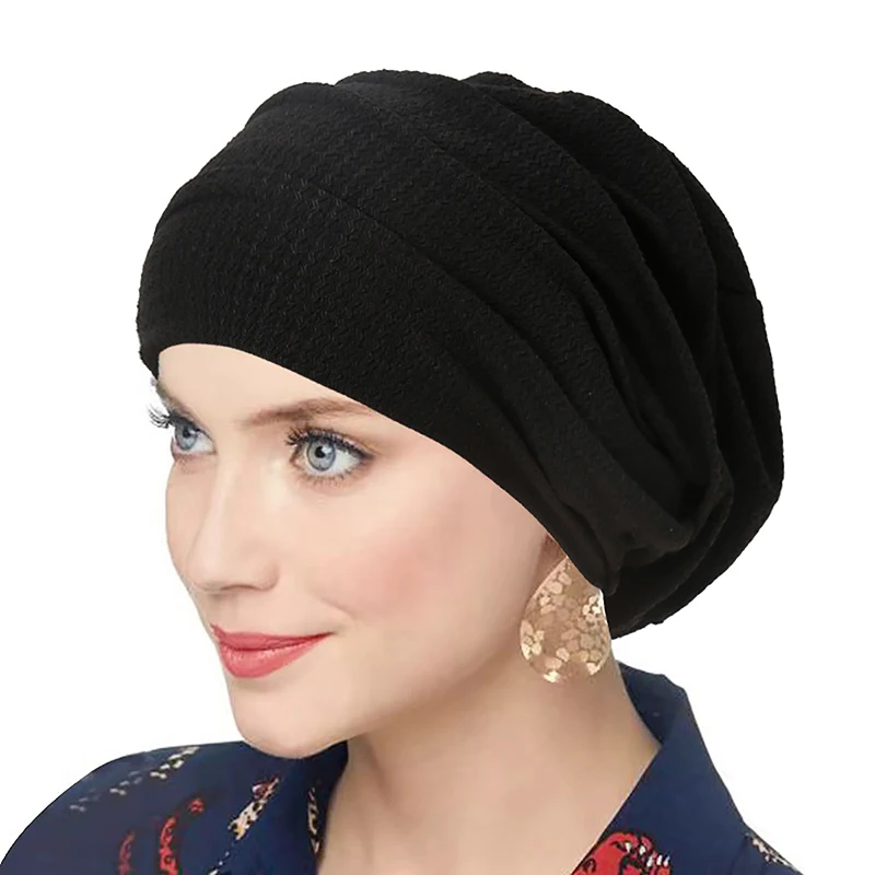 Trendy Versatile Crinkle Women's Solid Color Hijab Turban Elastic Indian Islamic Bonnet Head Wrap Scarf Chemotherapy Care Cap