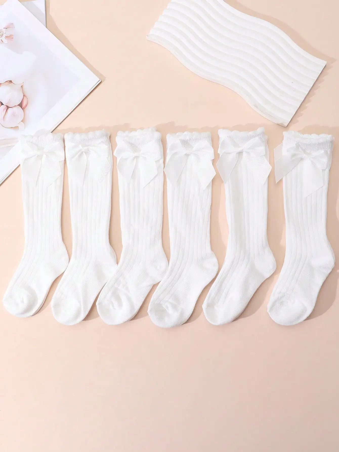 6 Paar weiße, gerippte Kniestrümpfe mit Schleife für Kleinkinder und Mädchen, aus Nylon und Spandex, elastische Socken für 0-8 Jahre, für Alltag, Schule, Party, Freizeitkleidung – Detail 5