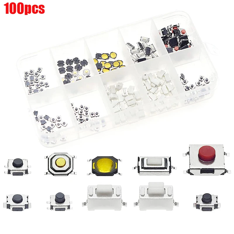 

100pcs Tactile Push Button Switch Kits 10 Models Car Remote Control Tablet Micro Momentary Keys Button Touch Microswitch