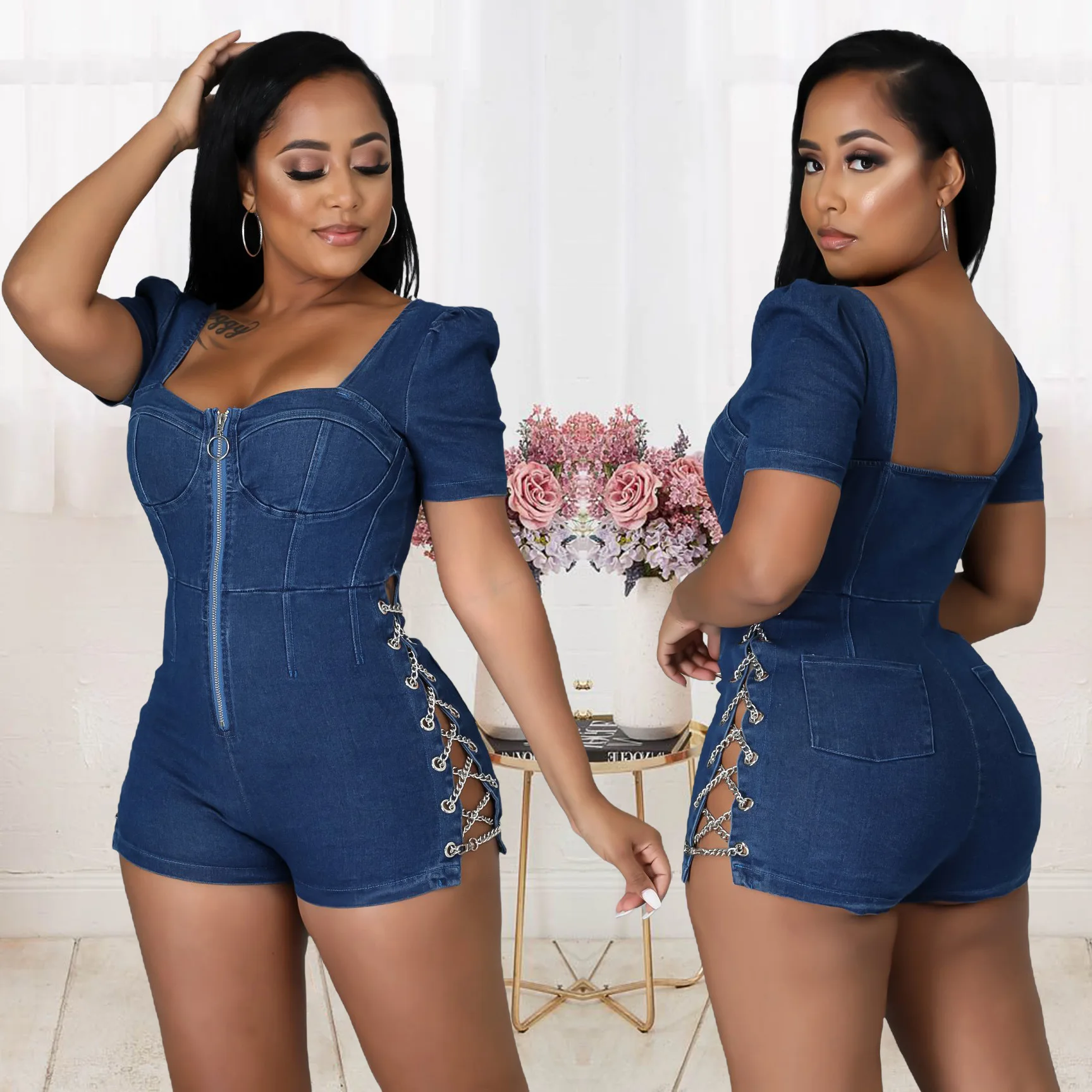 

Denim Shorts Women Jumpsuits Zipper One Piece Short Sleeve Sexy Overalls Rompers Y2k Streetwear Jumpsuit Bodycon Party Club