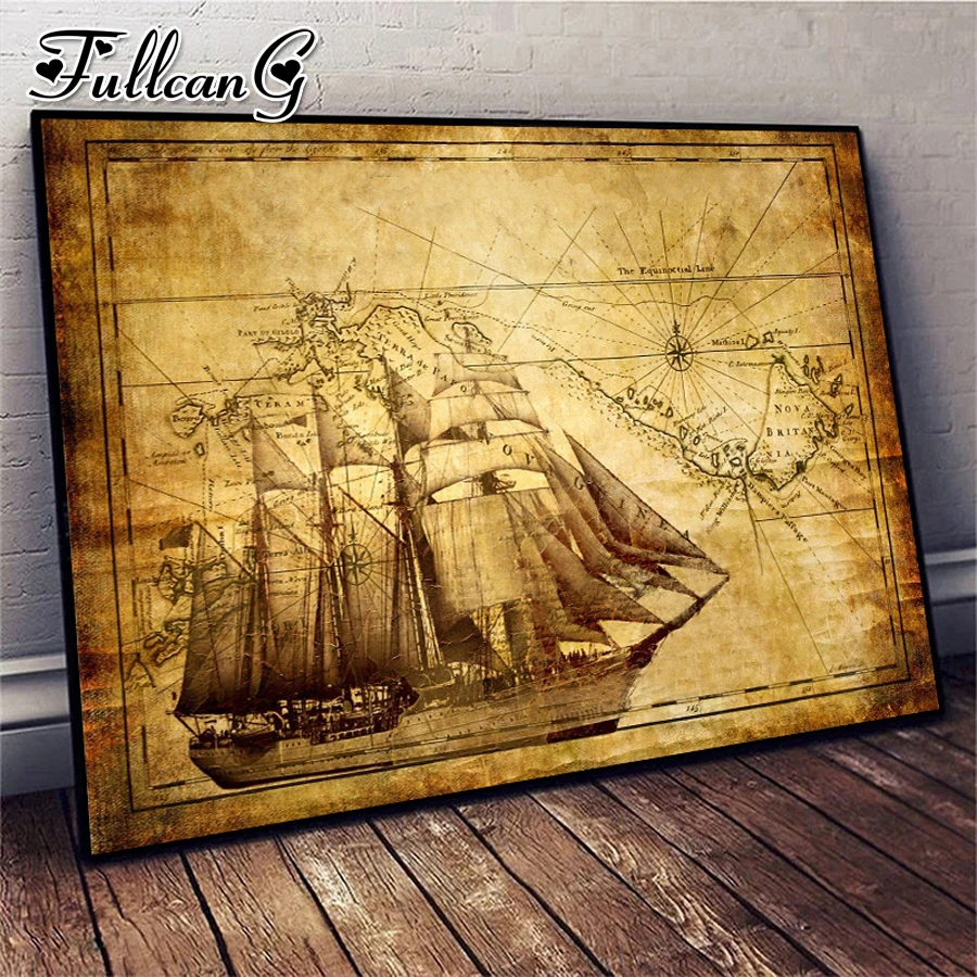 Diy Mosaic Painting Vintage European Sailboat Sailing Chart Diamond Embroidery Map Fantasy Ship Full Rhinestone Picture AA3692