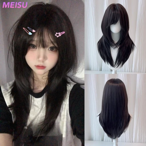 MEISU-pelucas rectas sintéticas de 26 pulgadas para mujer, pelo con flequillo lateral, té negro, resistente al calor, uso diario Natural y suave