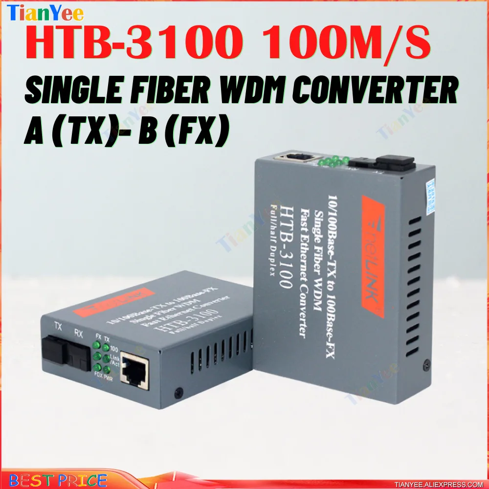 

Pair HTB-3100 Media Converter 100Base TX to FX Single fiber WDM Fast Ethernet Converter SC 20KM External Power Supply 100M/s