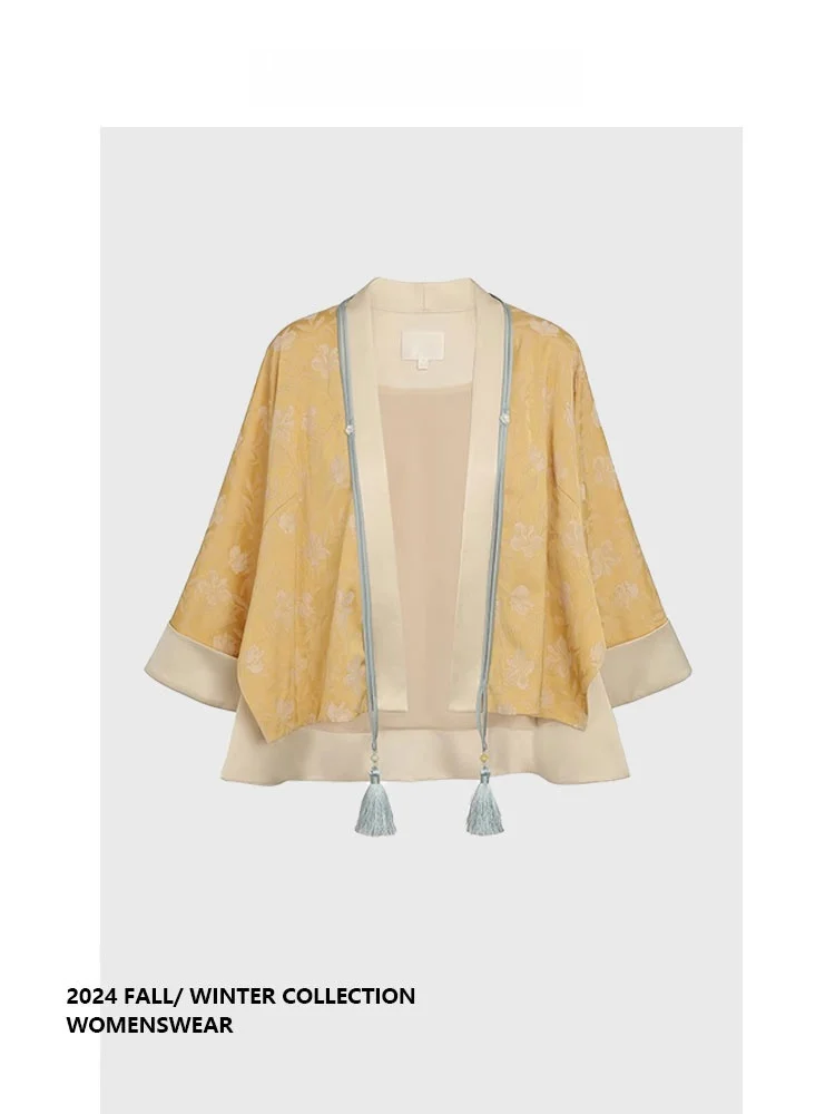 

Forever 21 New Chinese Style Retro Gold Branch Yu Leaf Open Cardigan Double Color Embroidery Outerwear Autumn Long Sleeve