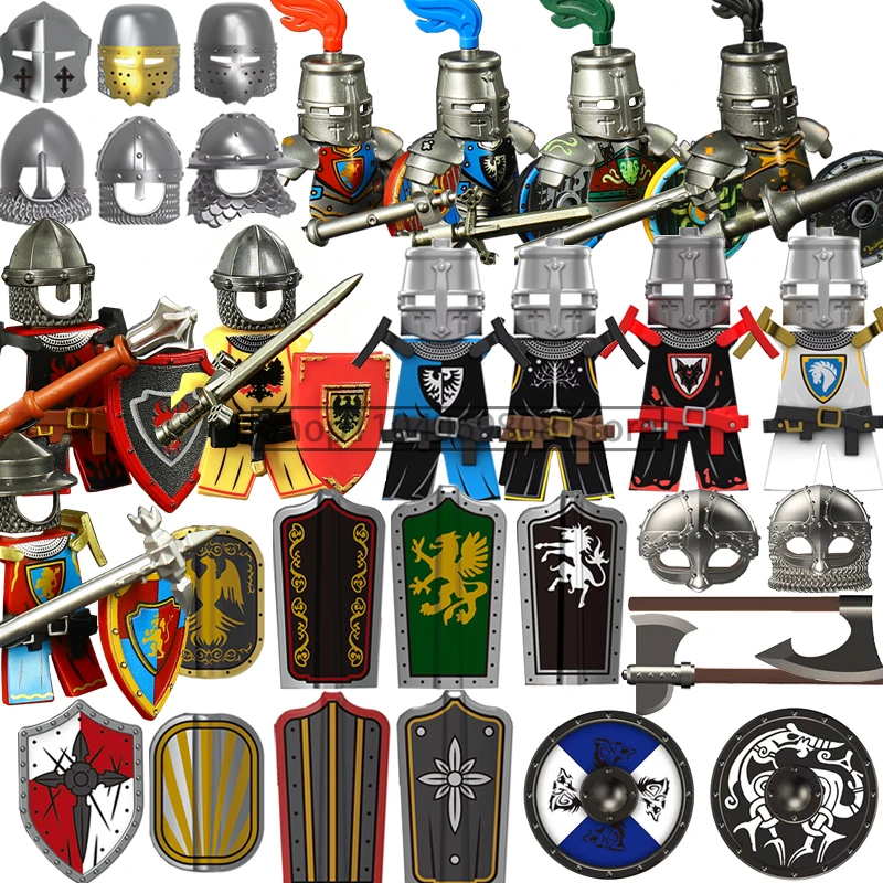Medieval Figure MOC Building Block Castle Armor Templar Knights Militia Soldiers Gunners Shield Helmet Assembling Brick Toys N10