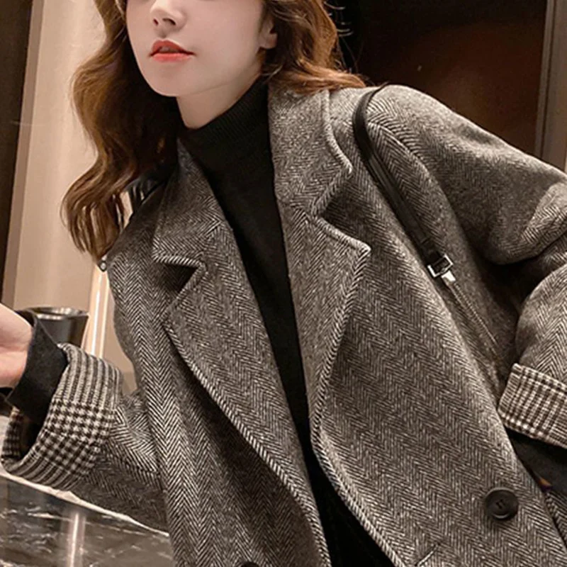 Woolen Suit Coat Women Korean Loose Thin Autumn Winter Casual Jacket Solid Single Button Tweed Top O Neck Office Lady Blazer