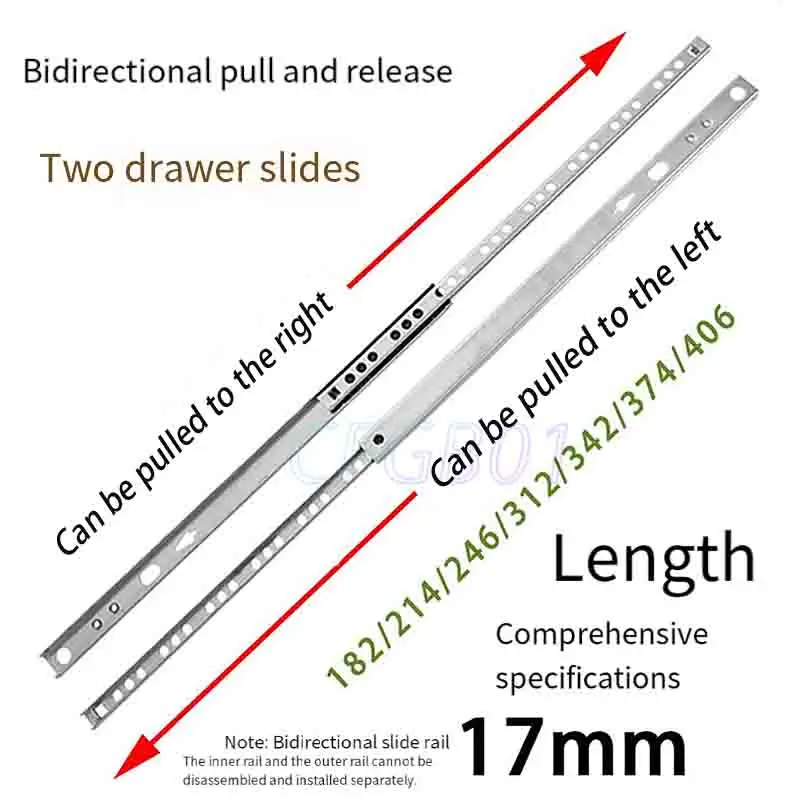 Two-Way Drawer Slide 17mm 2-Section Small Drawer Rail Narrow Cabinet Slide Mini Ball Bearing Track Double-Side Pull Out