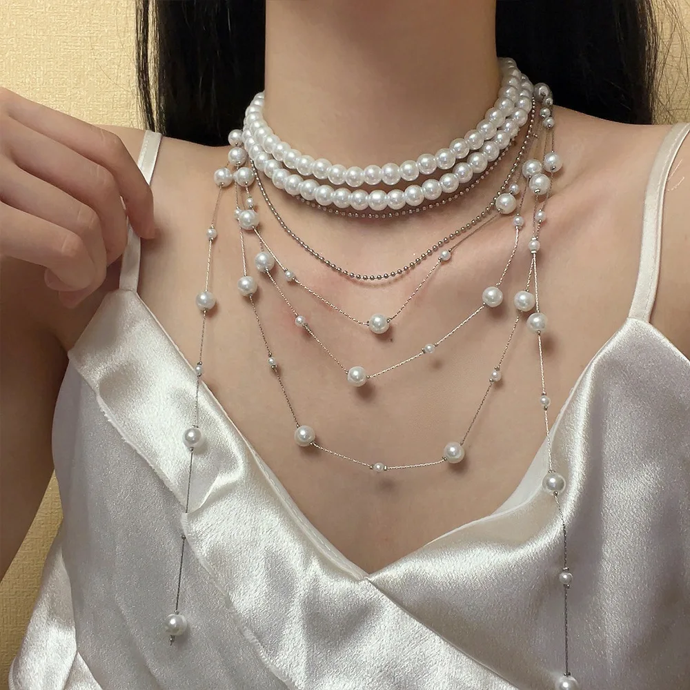 

Elegant Multilayer Pearl Layered Necklace Long Silver Beaded Tassel Choker Unique Design Jewelry