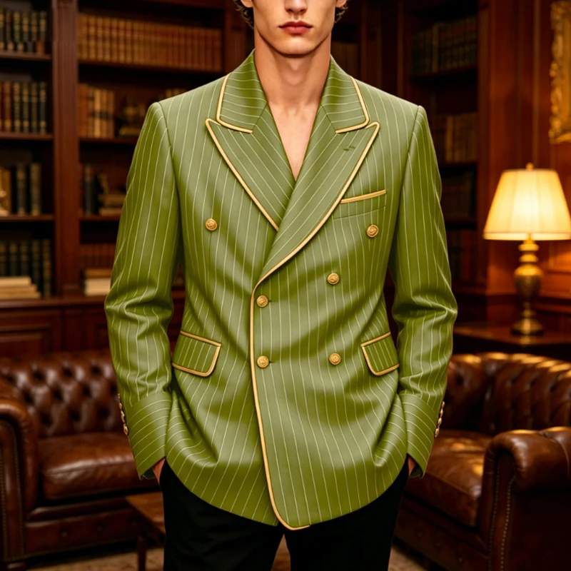 

Luxury Men's Pinstripe Blazer Gold Trim Peak Lapel Formal Suit Breathable Lightweight Jacket for Business Party Wedding Coat
