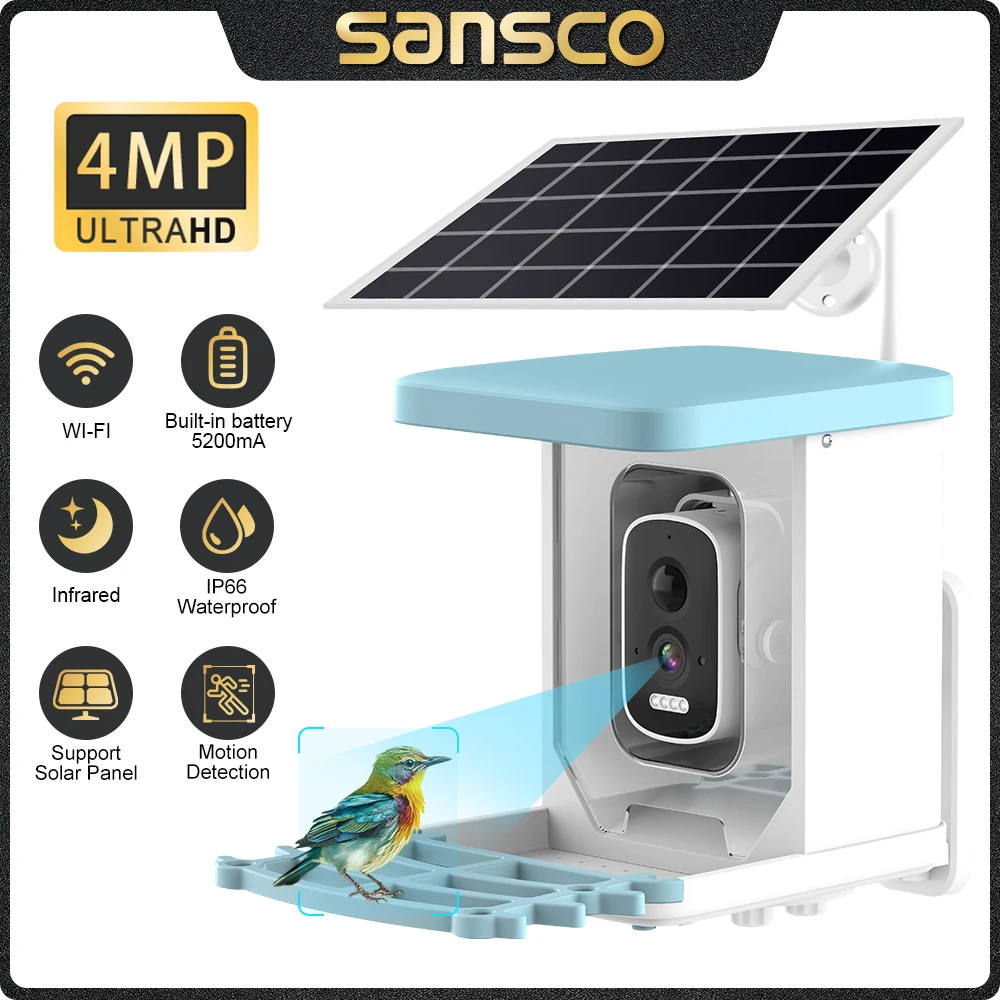 SANSCO 4MP Solar WIFI Smart Birdfeeder Camera Built-in 5200mAh Battery Bird Camera IR Night Vision Waterproof Outdoor IP Camera