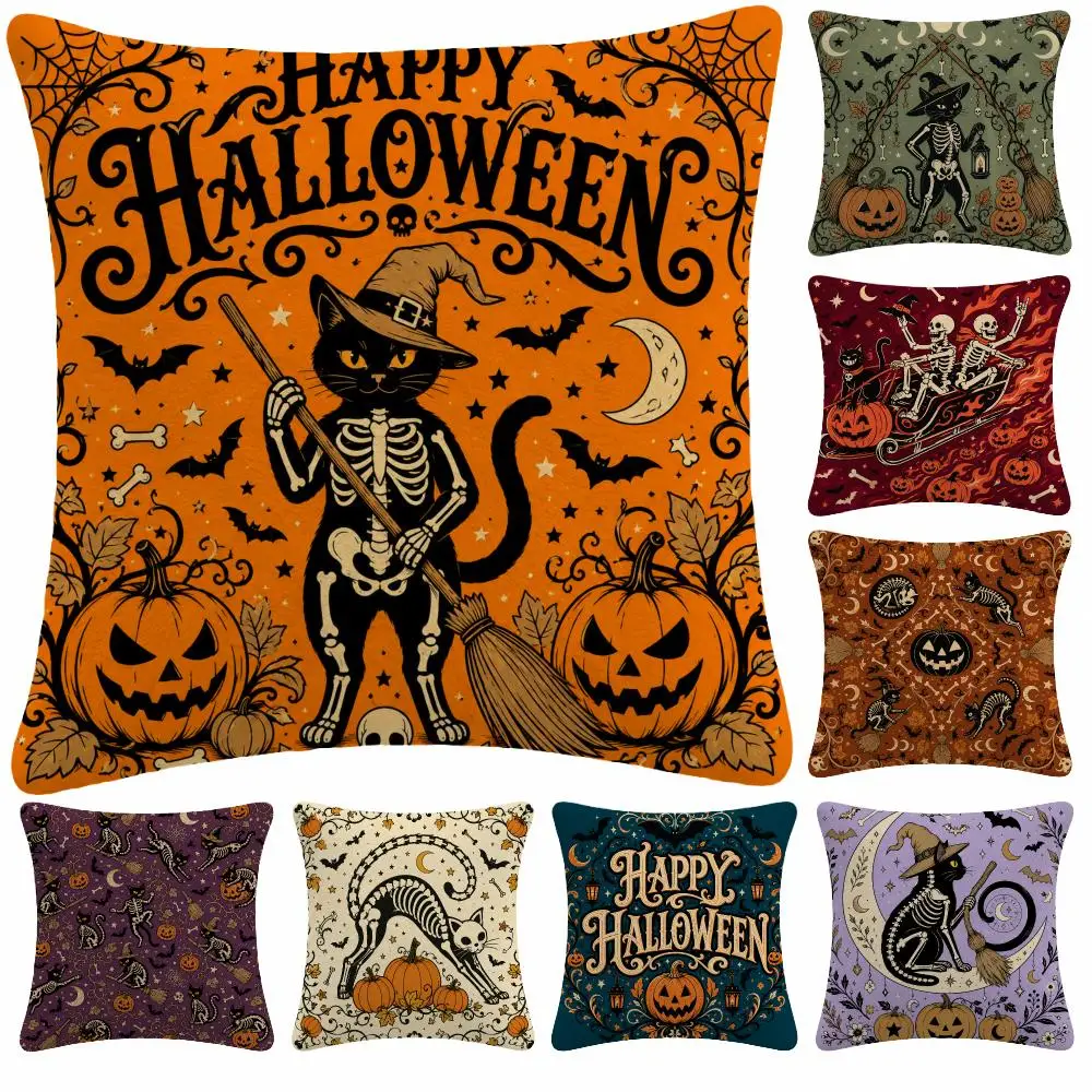 Art Gothic V-Vintage Halloween Skeleton Cushion Cover Soft Plush Decorative Sofa Bedroom Living Room Car Dorm Home Decor Gift