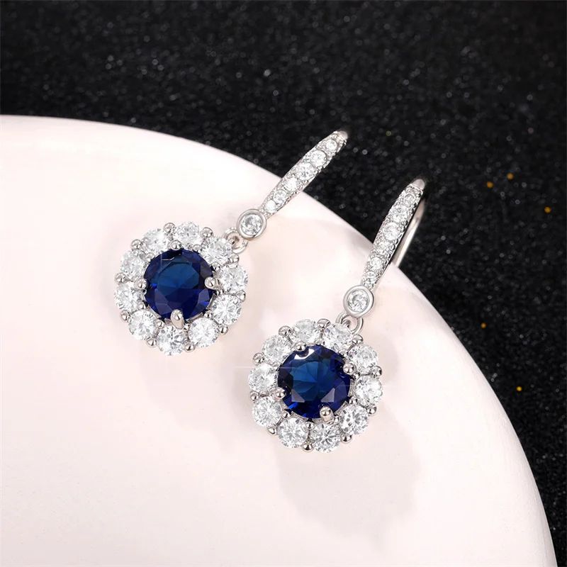 Huitan Noble Blue CZ Hanging Earrings Silver Color Full Bling Iced Out Brilliant Dangle Earrings Anniversary Party Women Jewelry