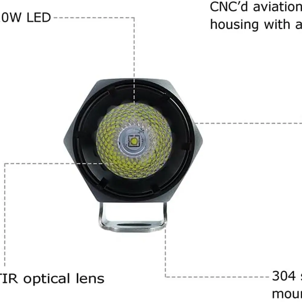 2 luzes de nevoeiro de motocicleta off-road LED branco fresco de 10 W, IP68 à prova d'água, caixa de alumínio de aviação para caminhões e máquinas
