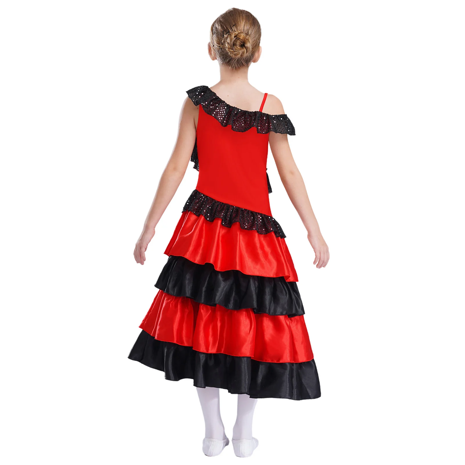 Disfraz de Flamenco para niñas, bailarina española de satén, falda con volantes escalonados y círculo completo, vestido elegante de baile para Festival gitano de Halloween