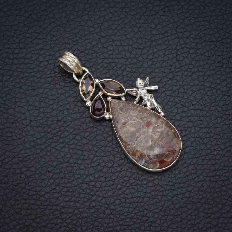 StarGems Natural Ocean Jasper&Smoky Quartz And Amethyst Angle Handmade 925 Sterling Silver Pendant 2 1/4