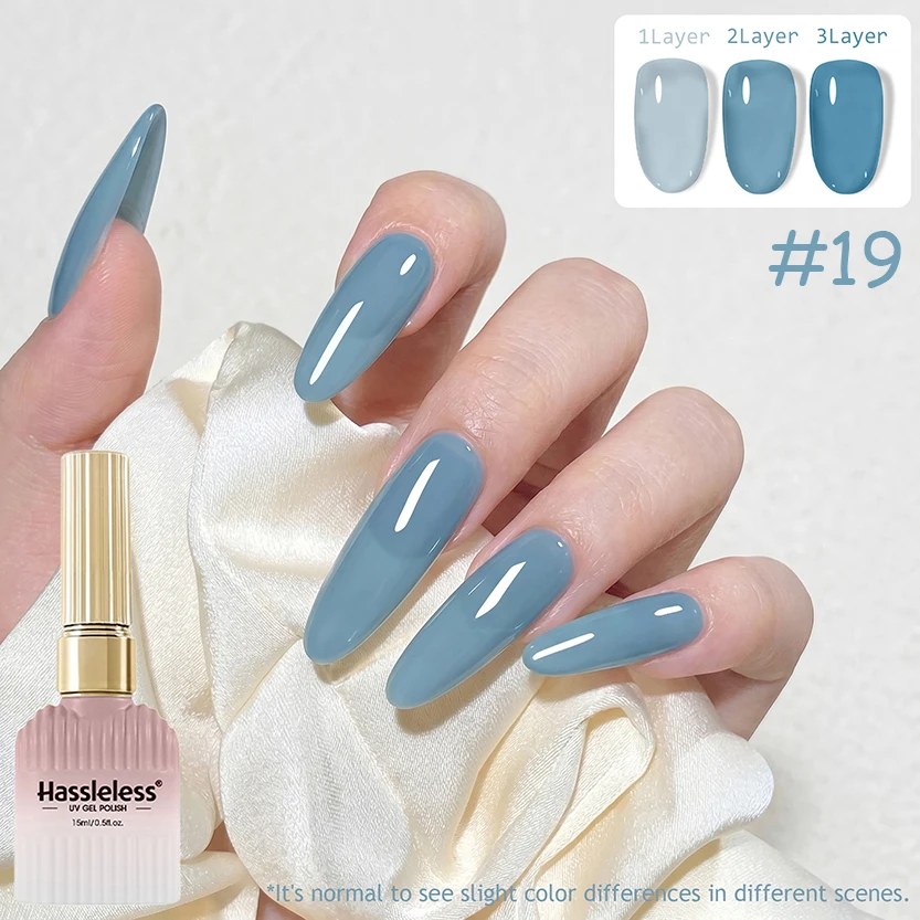 Sans tracas # 19 Gels UV Jelly Dusty Blue 15ml, dégradé 3 couches, effet transparent, gel brillant à retirer par trempage pour ongles en salon et DIY à domicile