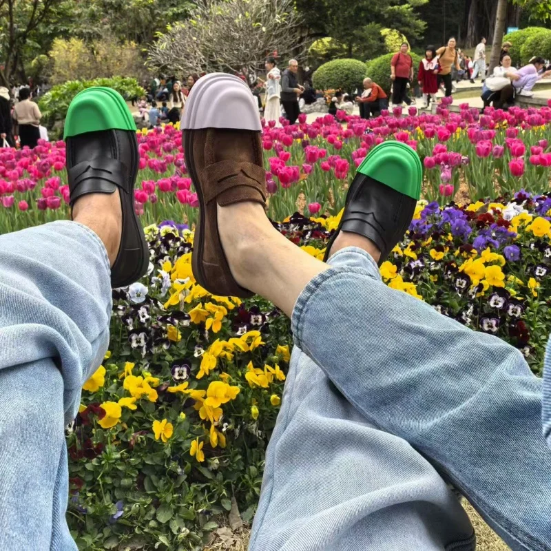 

Мужские лоферы со съемной головкой, повседневные женские цветные кожаные сменные кепки с клапаном и круглым носком на тонком каблуке