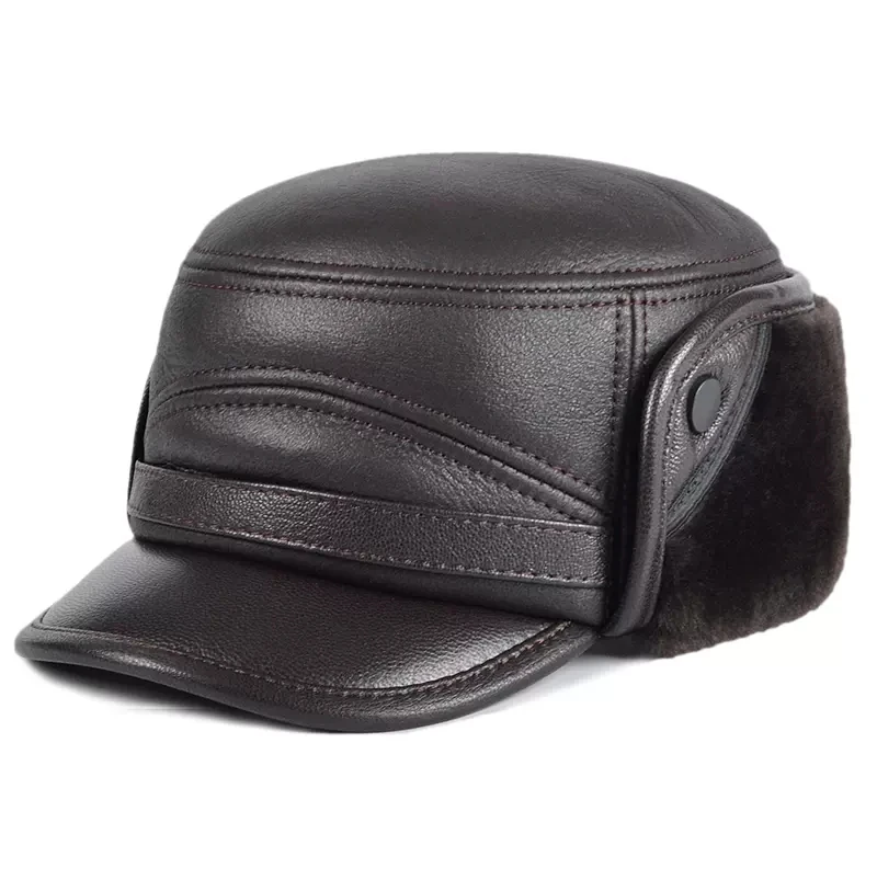 Piel de oveja integrada para hombre, gorro de algodón de piel auténtica para papá, para mantener el calor y proteger las orejas, Invierno