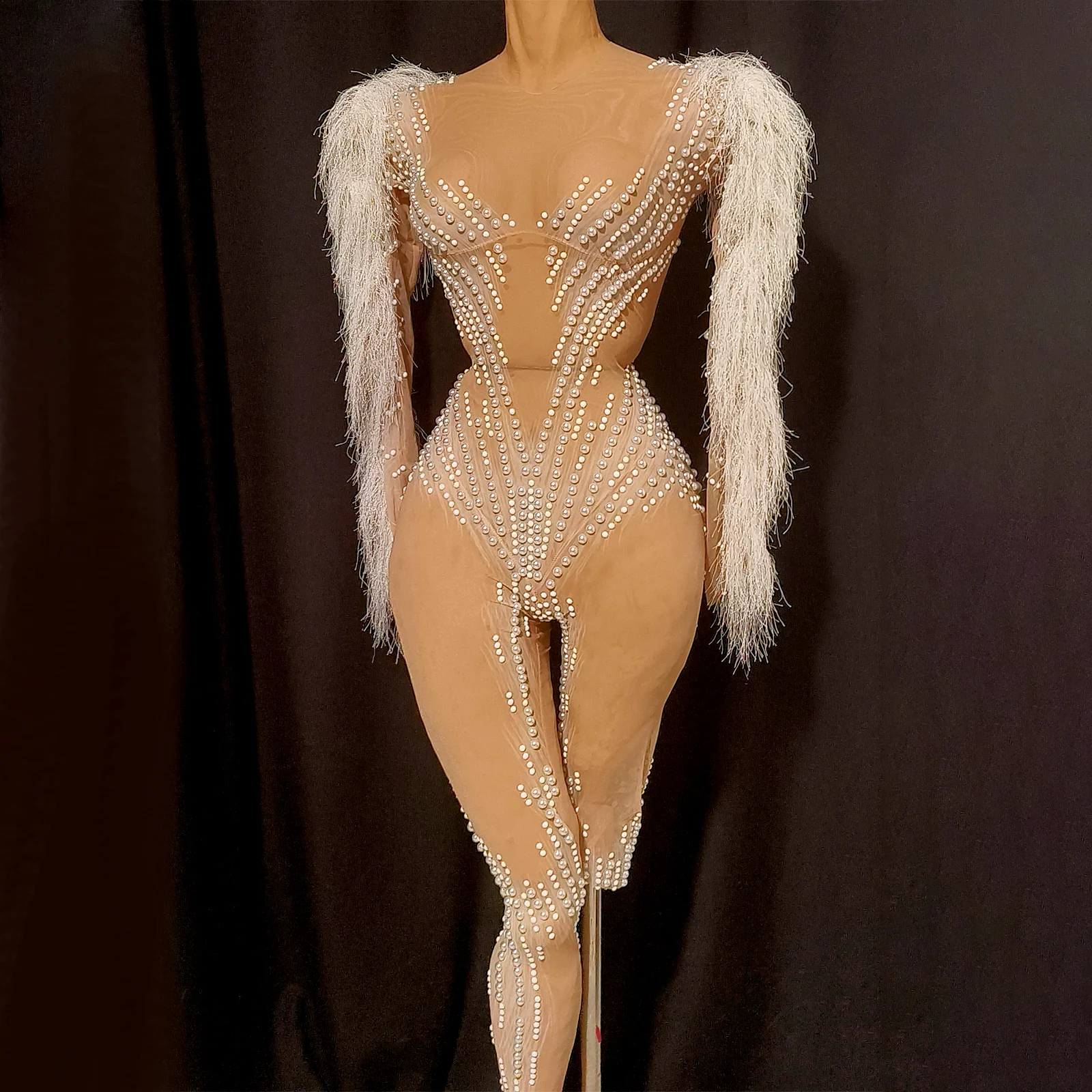 

High Quality See-through Mesh Jumpsuit Beading Feather Long Bodysuit Nightclub Performance Leotard Luxury Party Celebrate Stage