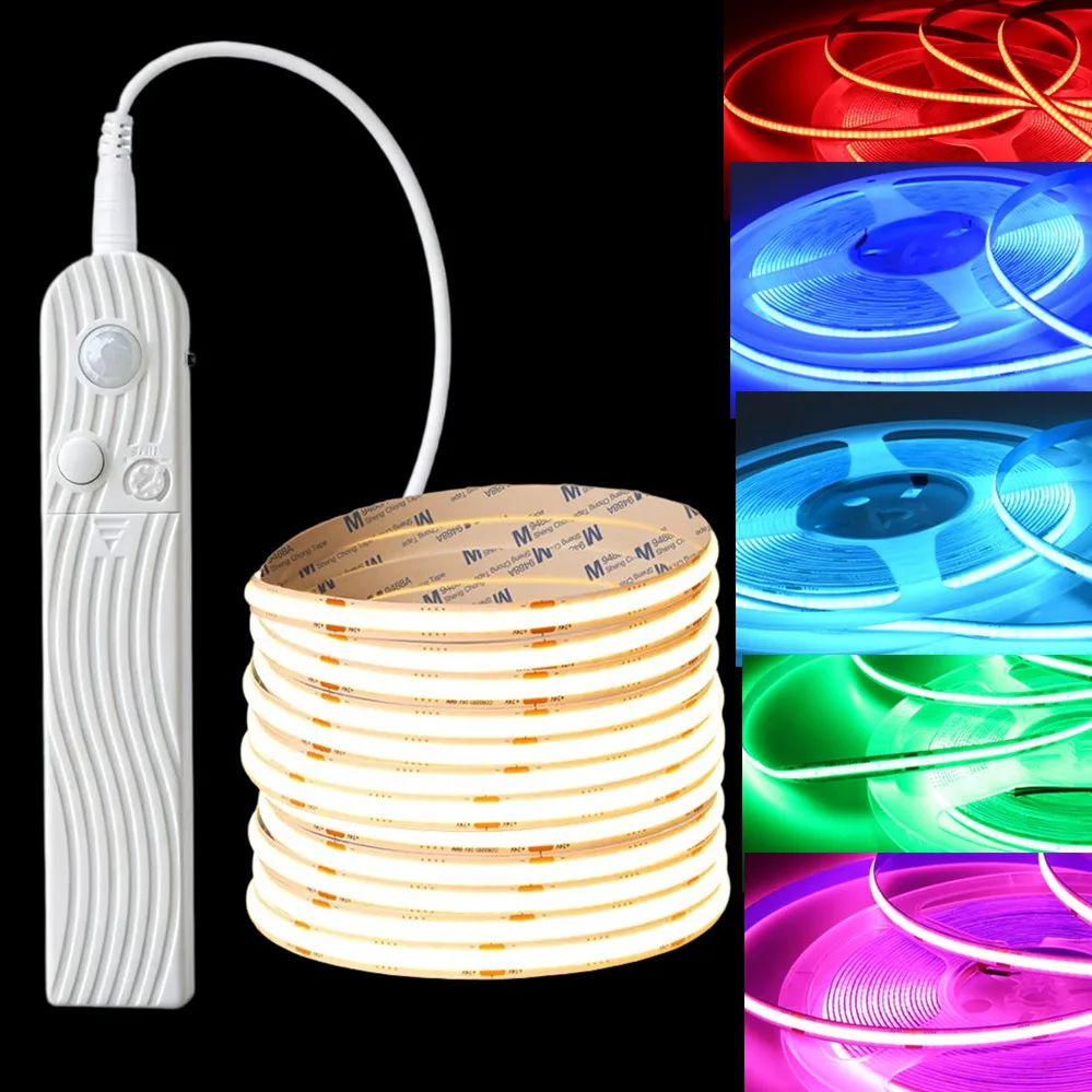 8MM COB Led Strip 5V With Motion Sensor Flexible LED Tape Battery Powered 320LEDs/M Induction Night Light For Stair cupboard