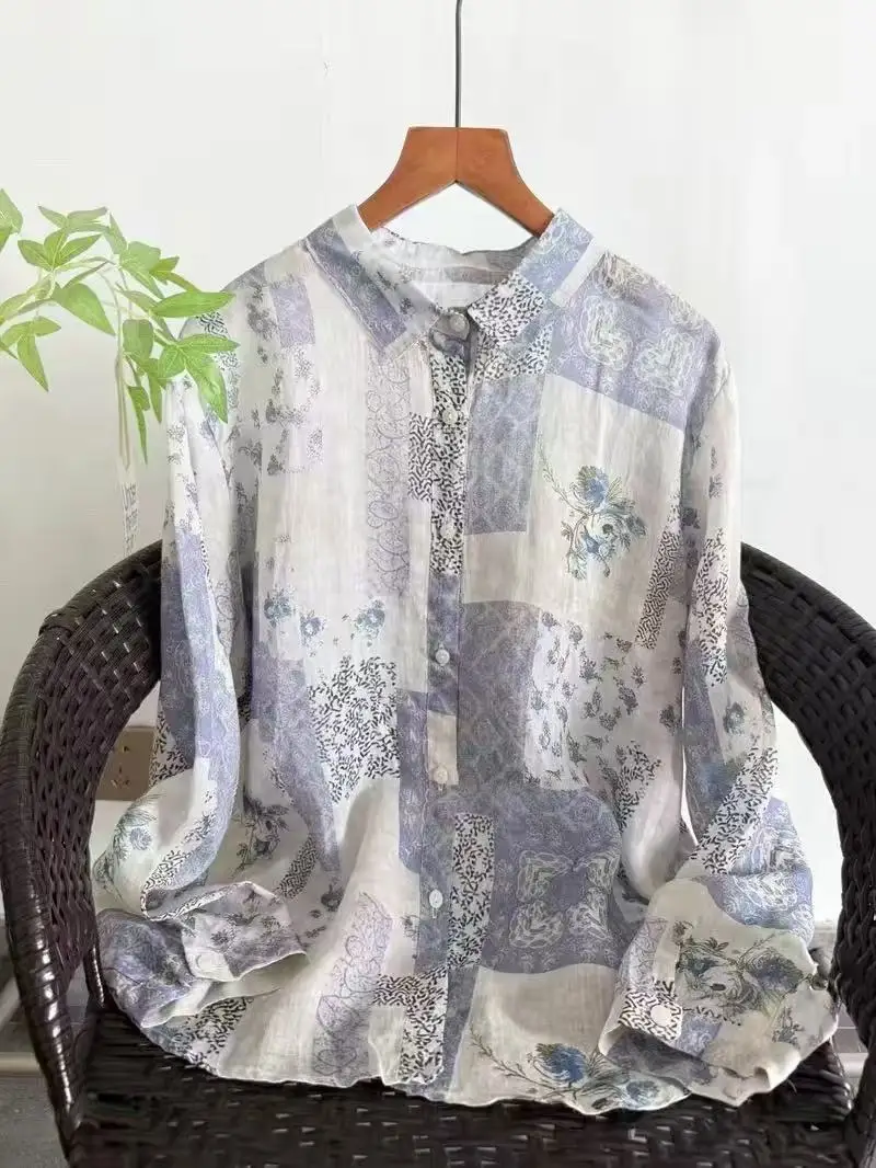 

100% Ramie linen shirts and blouses women spring vintage floral printed long sleeve tops women's original luxury brand clothing