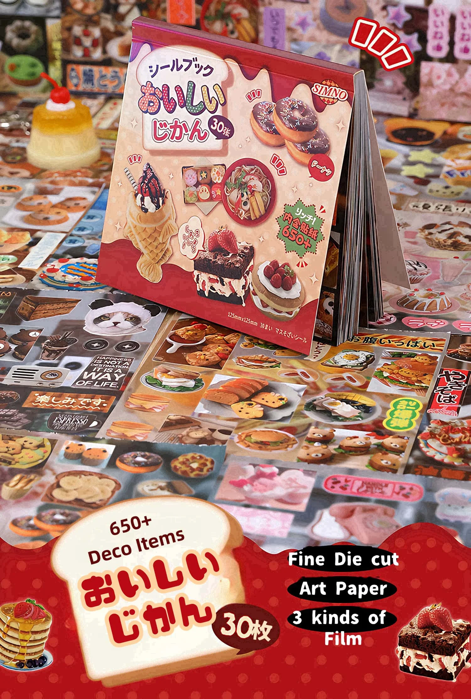 30P Die-Cut Sticker Book - Japanese Food & Dessert Vintage Showa Style - Glitter Matte Glossy Finish - 650+ Cute Elements