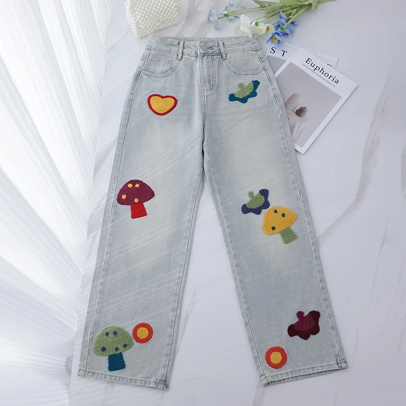 

Прямые джинсы с 3D вышивкой, осенние новые свободные модные повседневные брюки с высокой талией, модные универсальные широкие брюки