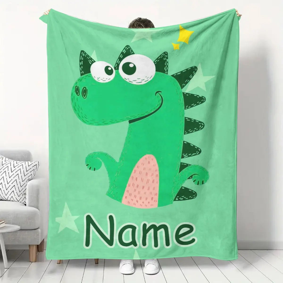 1-teilige personalisierte niedliche Cartoon-Dinosaurier-Decke mit individuellem Namen – weich, leicht, warm, geeignet für Sofa, Bett,