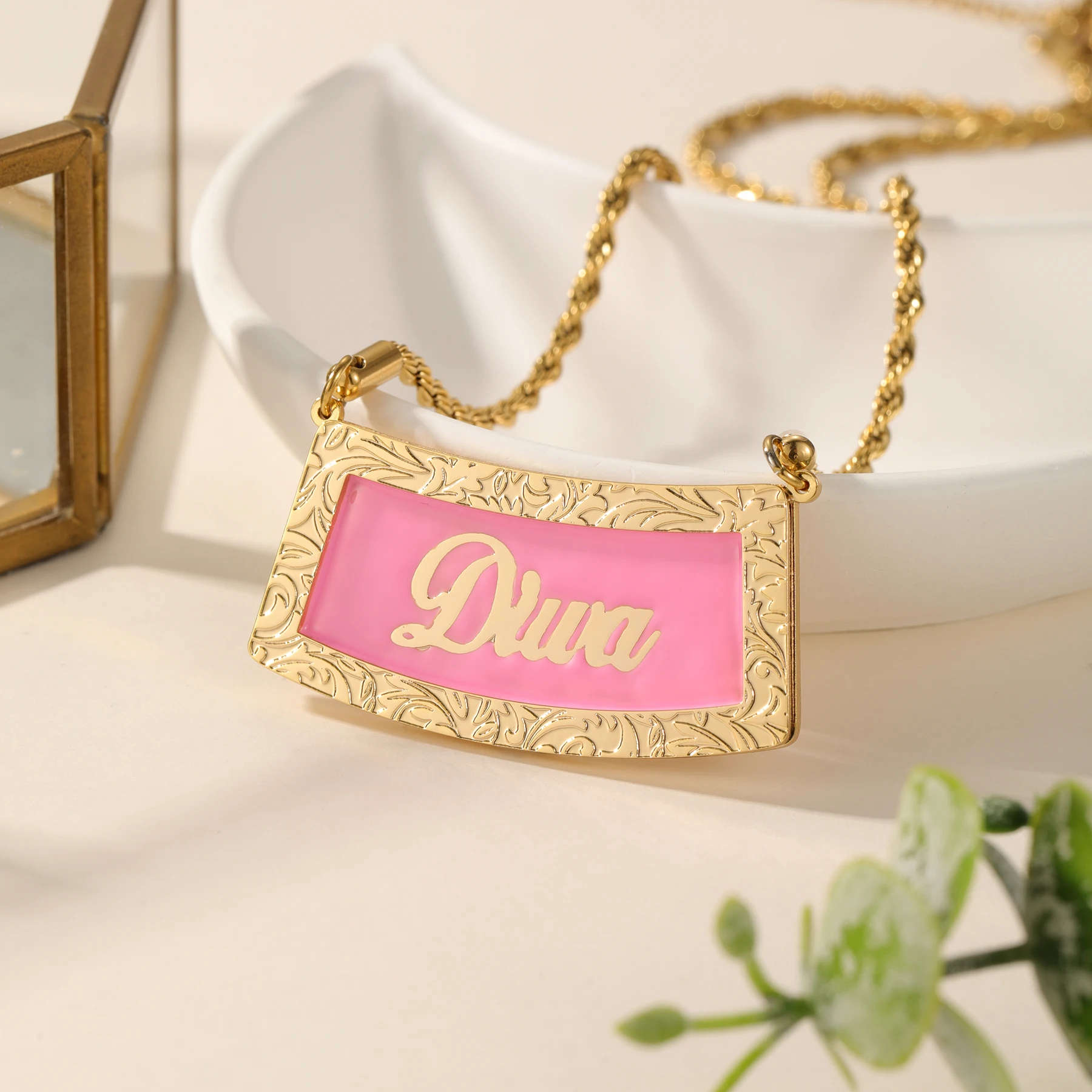 

Custom Name Necklace Stainless Steel Gold Plated Curved Nameplate Floral Design Personalized Color Choice Art Jewelry Christmas