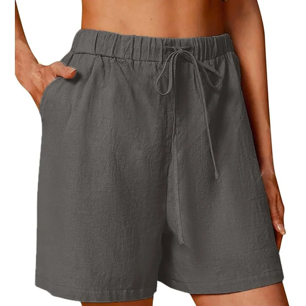 2026Women's Summer Casual Shorts Drawstring Solid Color Cotton Linen Short Pants Female Loose Straight JoggingOutdoor Streetwear
