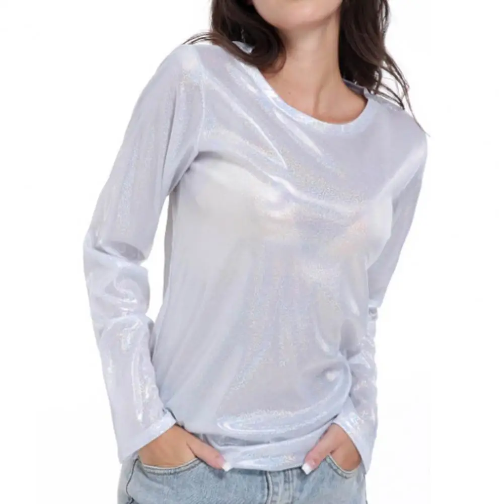

Women Loose Fit T-shirt Round Neck Long Sleeve Sparkling Reflective T-shirt Sequin Embellished Pullover Tops Blouse 블라우즈