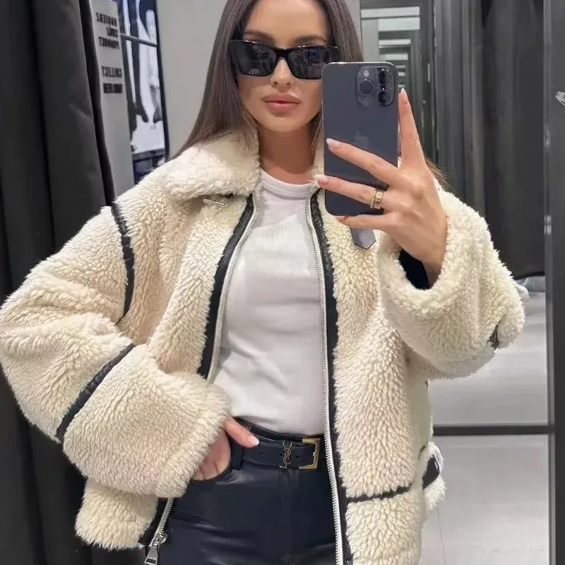 2024 Autumn New Women\'s Wear European and American Style Casual Fur One Piece Lamb Wool Contrast Color Plush Warm Jacket C