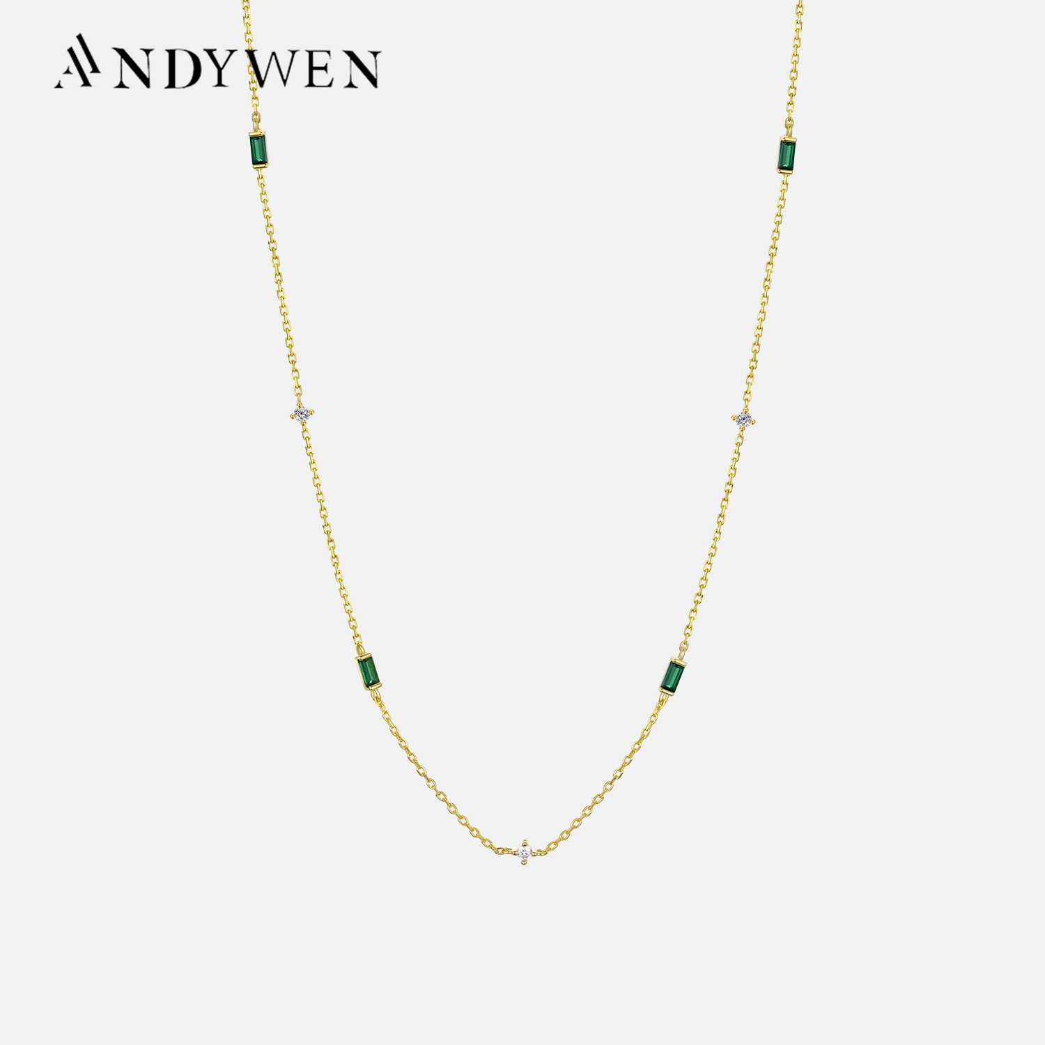 ANDYWEN 925 Sterling Silver Gold Green Zircon Long Chain Choker Necklace Tiny Women Luxury Wedding Jewelry For Party Neck