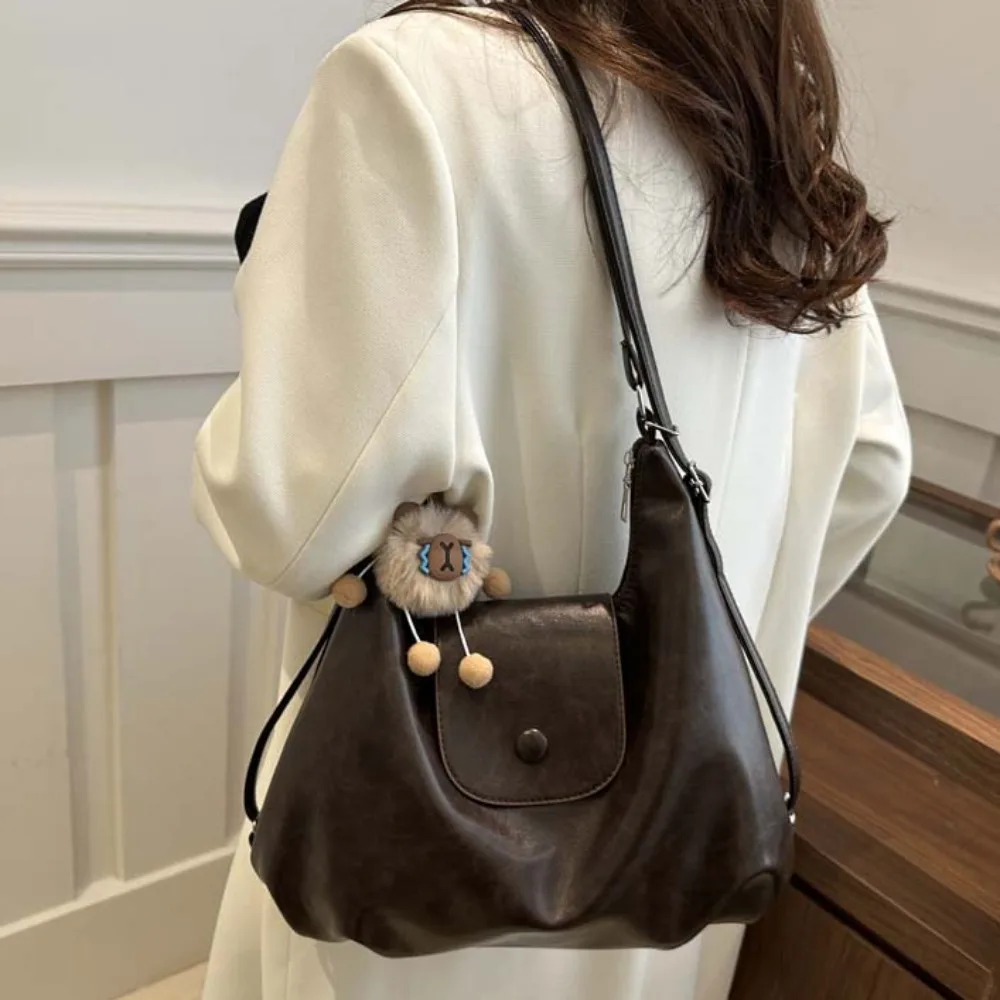 Large Capacity PU Hobo Bag Magnetic Button Anti-splash Water French Underarm Bag Backpack Polyester Texture Handbag Work