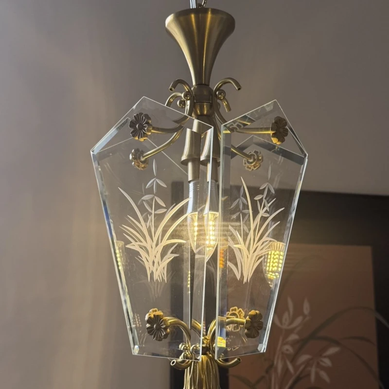 النمط الفرنسي العتيقة النحاس مطلي الزجاج منحوتة مصقول حافة قلادة ضوء للمطعم والإقامة المنزلية الألواح الأمامية الثريا #2