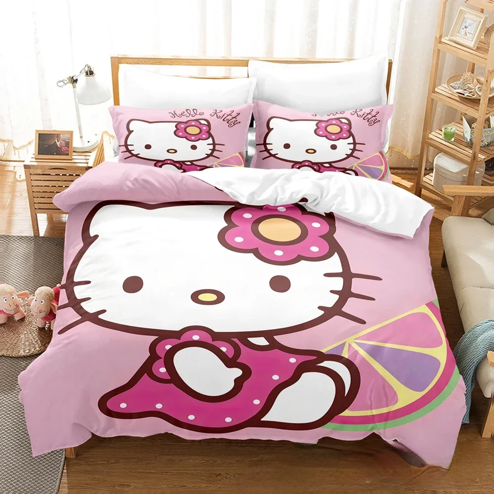 Conjunto de cama Anime Sanrio Cartoon para crianças, Kawaii Hello Kitty Quilt Cover, capa de edredão, fronha, gêmeo, rainha, cama king size