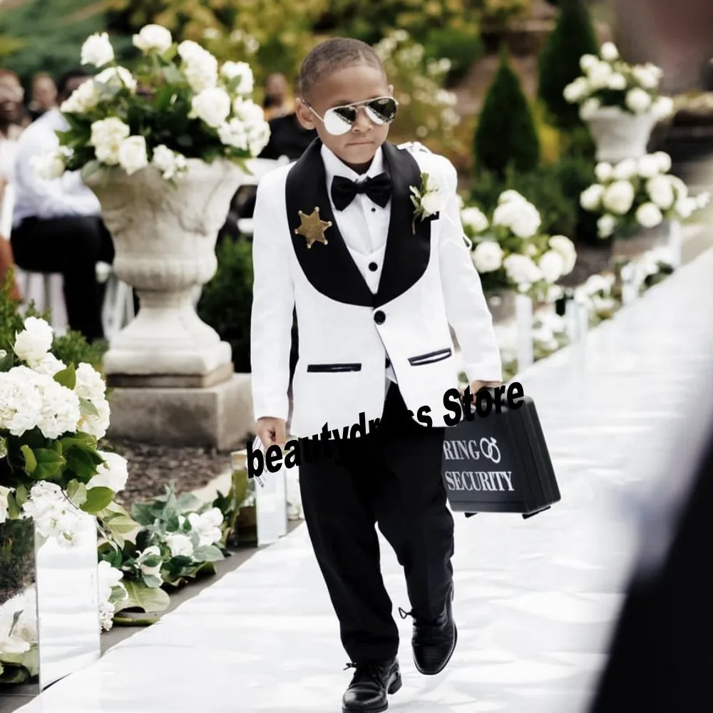 Branco meninos ternos formais para o casamento smoking criança crianças festa de aniversário preto xale colar anel portador (jaqueta + calças + colete + arco))