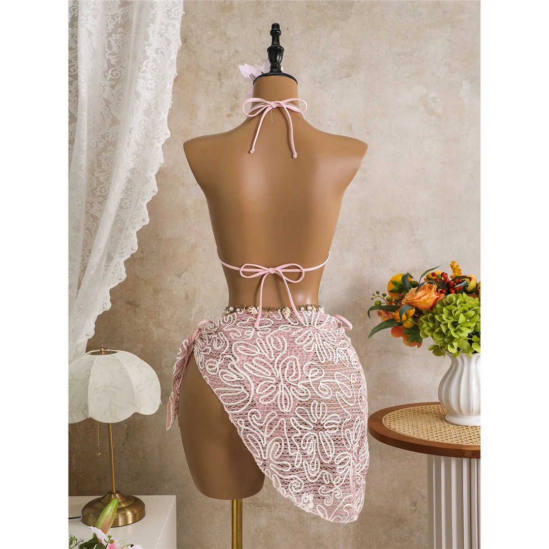 Mit Sarong-Halterneck-Bikini, bedruckter Bikini, Damen-Badebekleidung, dreiteiliges Bikini-Set, gepolsterter Badeanzug, Badebekleidung, Badeanzug, Modell V8073. – Detail 22