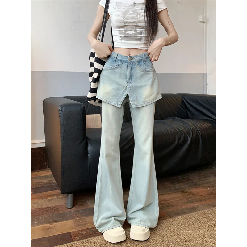 

2024 New Bottoms Chic Fake Y2k Jeans Streetwear 2000s Vintage Flare Pants Women Casual High Waist Denim Trousers Pantalon Femme