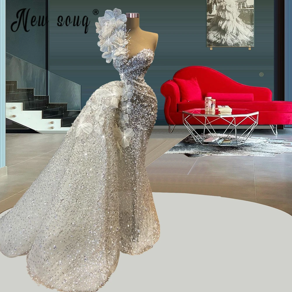 Classic One Shoulder Flowers Wedding Gowns Gorgeous Detachable Train Bridal Gowns  Robe de Mariage Special Occasion Dresses