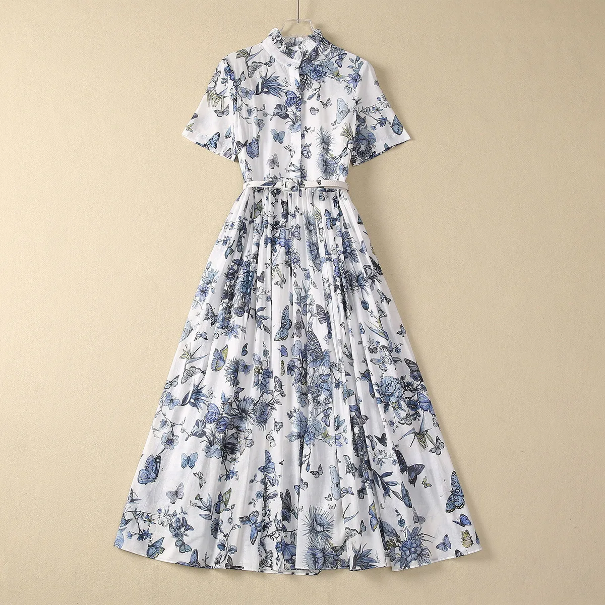 

Europe and the United States women's 2024 summer new Stand collar Short sleeve butterfly print belt fashion Pleated cotton dress