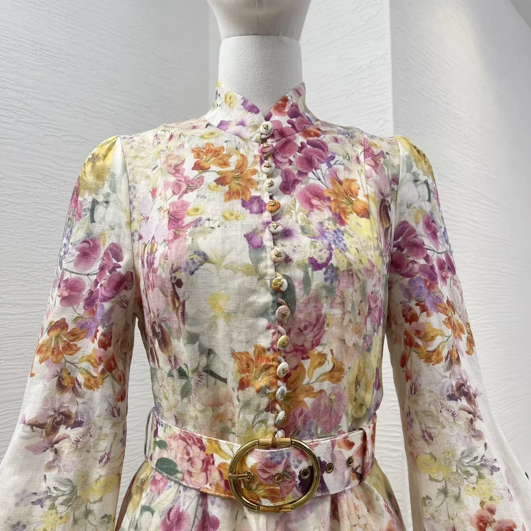 2025年新作ファッション、マルチカラーランタン袖花柄プリントミニドレス