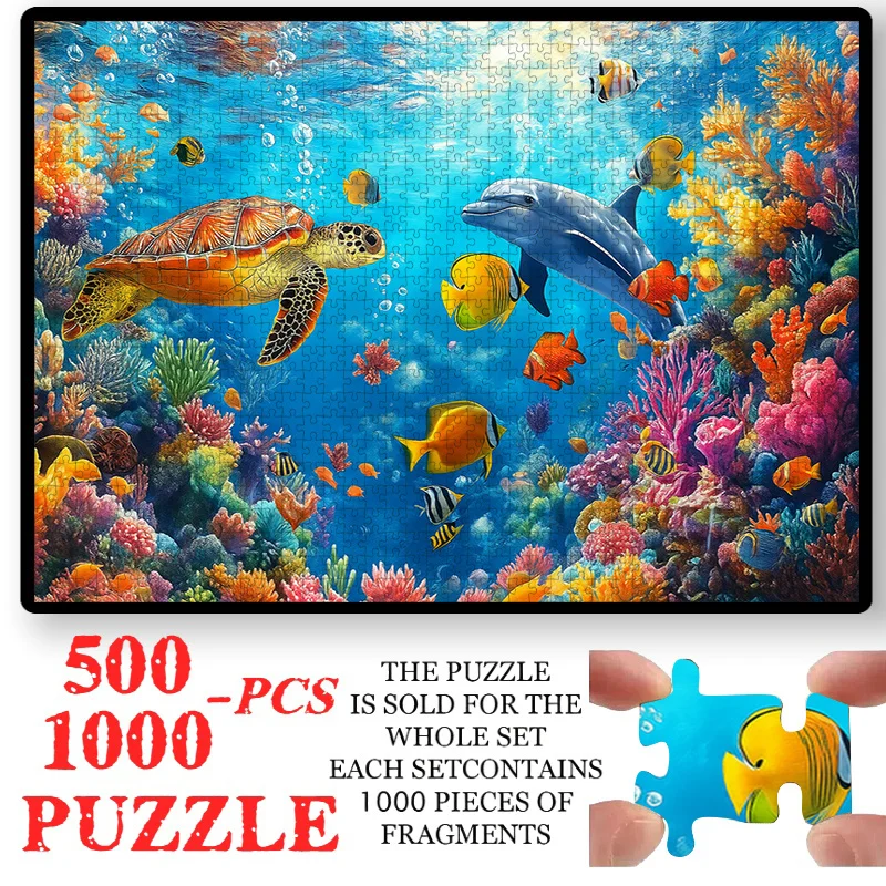 500/1000pcs Jigsaw Puzzle, Paper Puzzle, Adult Puzzle, Large Puzzle, Underwater World with Turtles and Dolphins, Colorful Cora