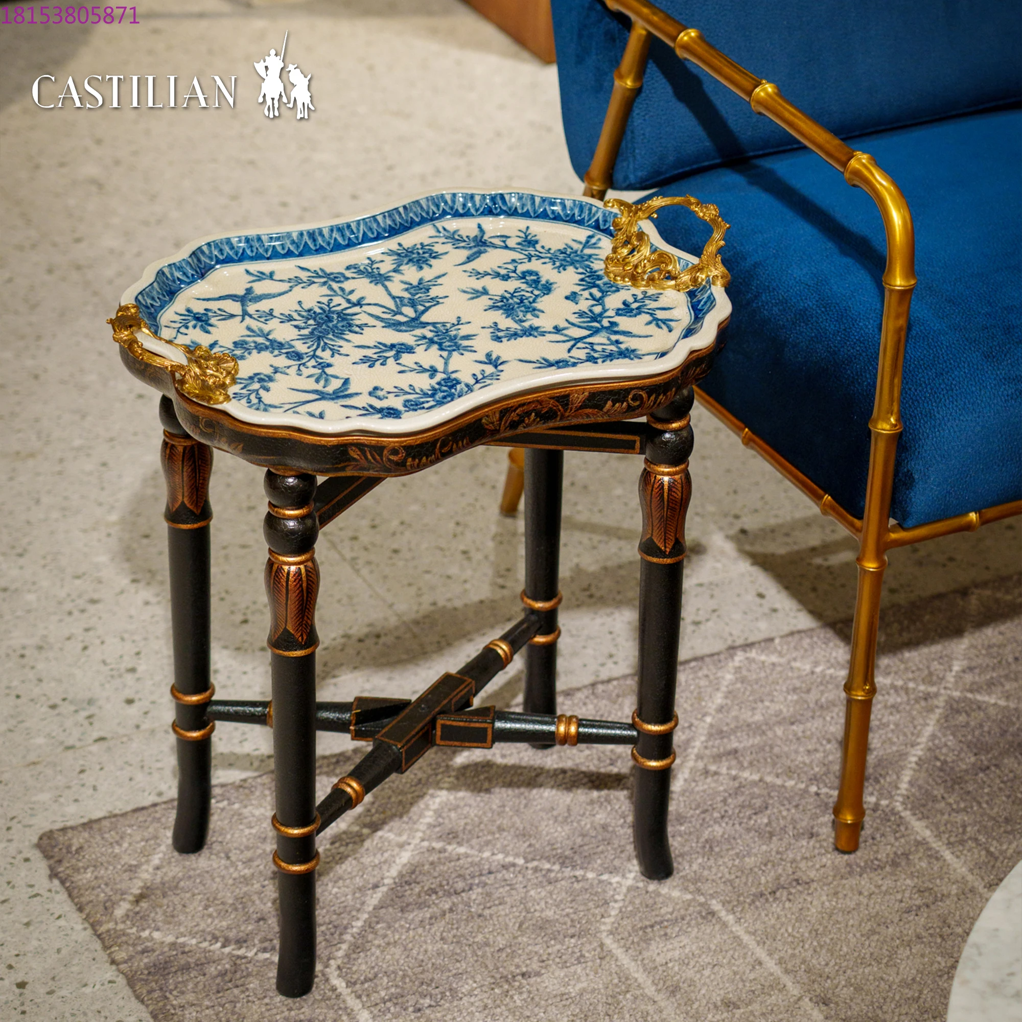 Light luxury high-end ceramic inlaid copper hand-painted blue and white several household living room study