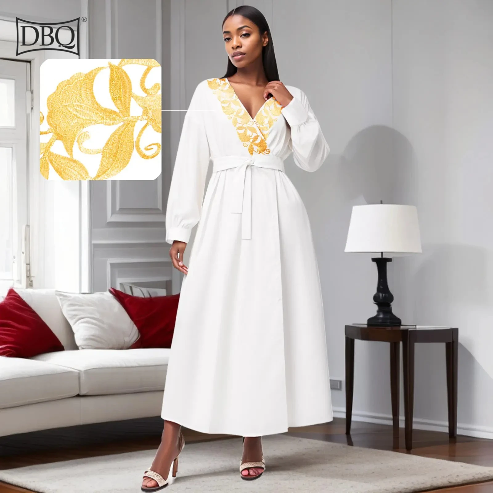 DBQ 여성 아프리카 스타일 v 넥 하이 웨스트 a 라인 맥시 드레스 수 놓은 우아한 슬립 드레스 42012