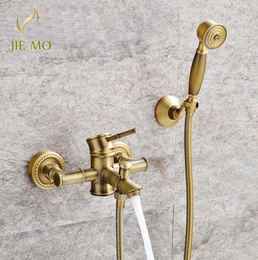 Bamboo style Antique Brass Shower Faucet Set Exposed bath Shower Set Bathroom Wall Mount Shower Valve Set N-4122