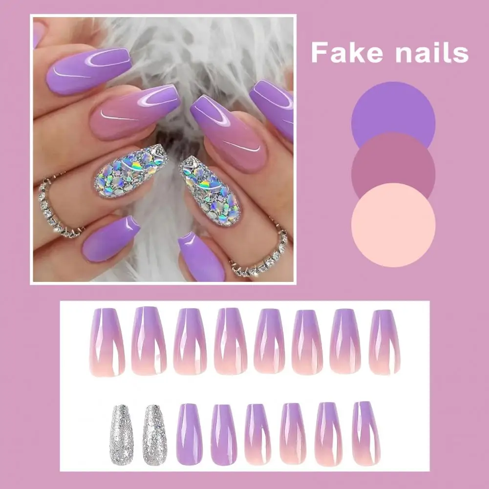 1 Set Gradient Glitter Fake Nails Purple-colord Long-lasting Eco-friendly Manicure Home Dance Club Fake Nails