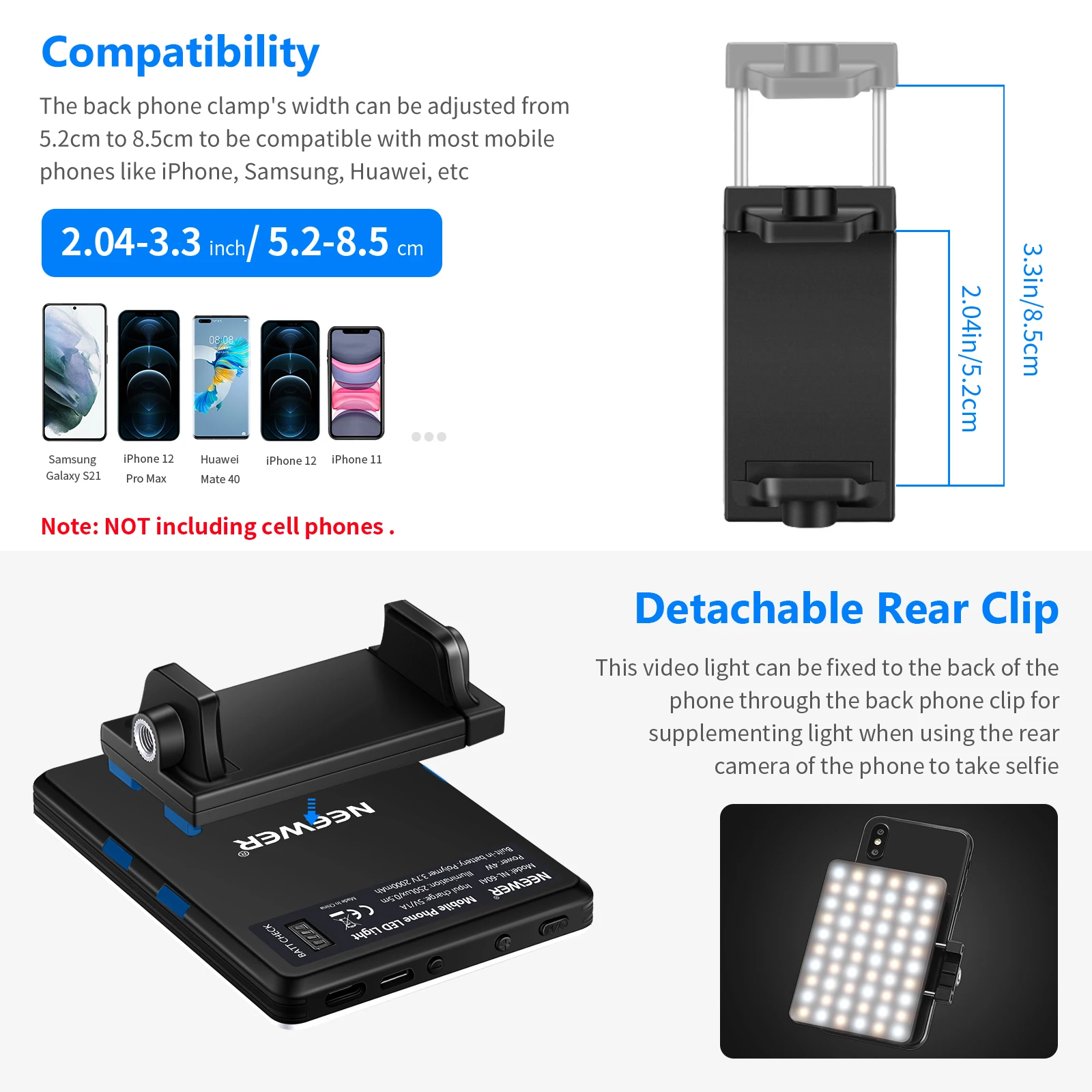 NEEWER BASICS Selfie Light with 60 LED 2000mAh Rechargeable CRI 95+ Portable Clip on Light for Phone/Tablet/Laptop