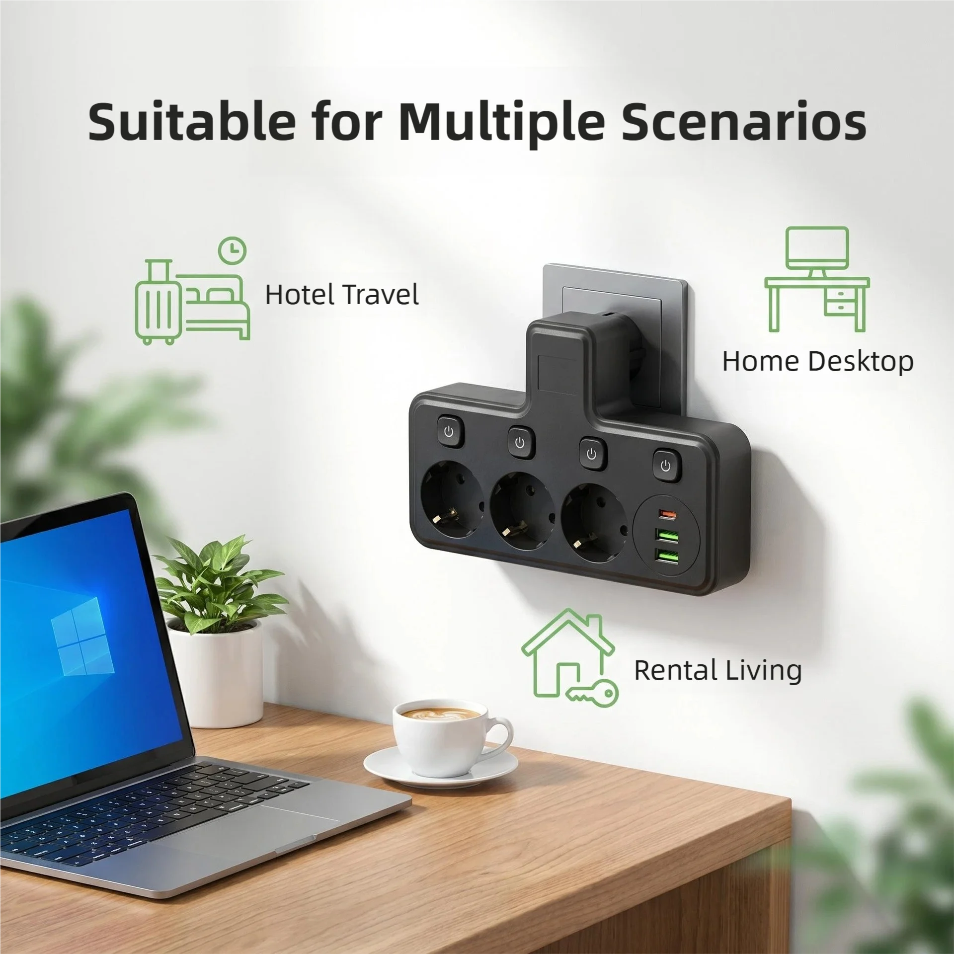 TINSOLEuropean standard universal plug socket with independent switch, small night light, USB Type-C smart power strip