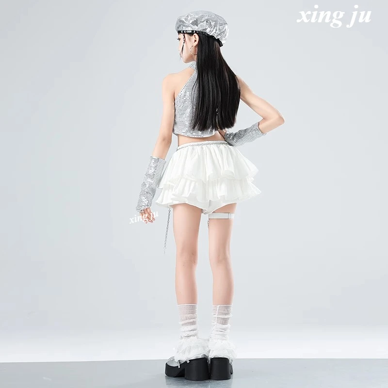 Gonna bianca per bambini Abbigliamento Hip Hop Costume jazz per bambini Ragazze Danza di strada Paillettes argento Halter Top Abiti per spettacoli teatrali